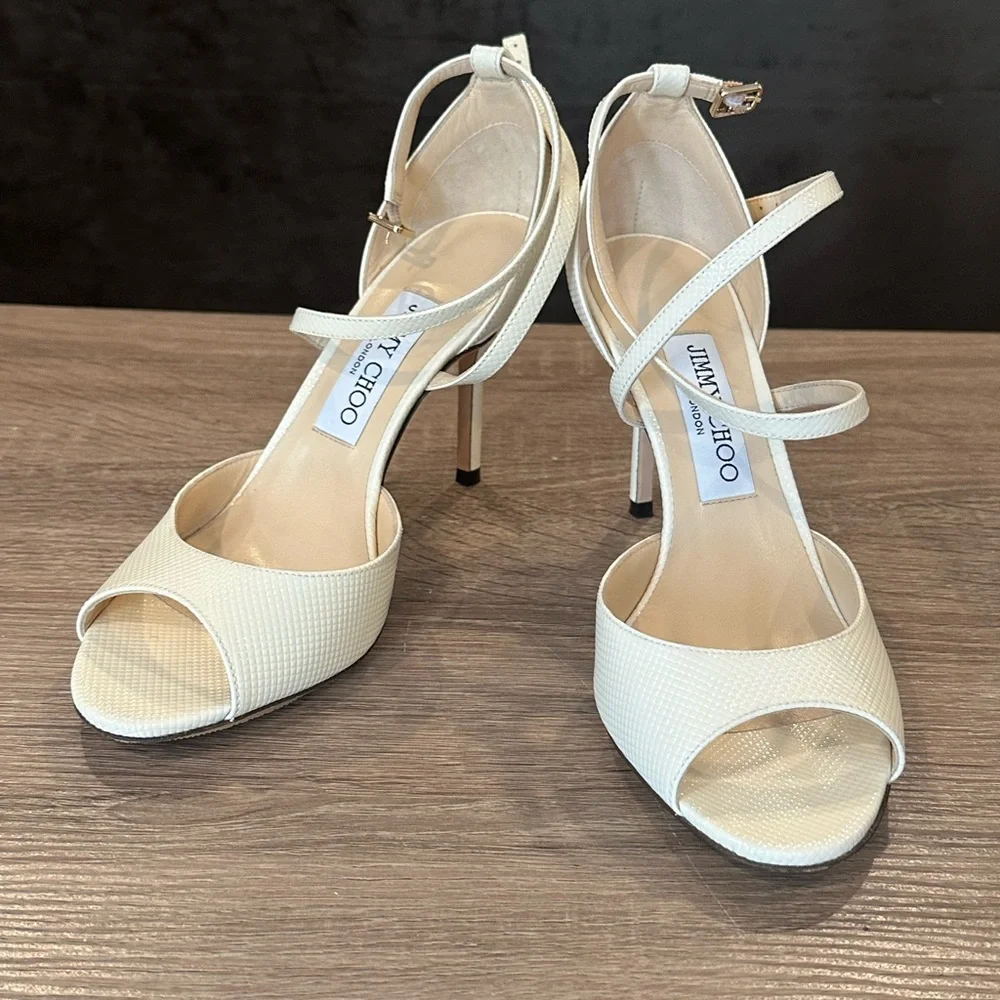 JIMMY CHOO EMSY 85MM CHEVRON EMBOSSED PATENT SANDAL HEELS Size 37/7 - Picture 7 of 9